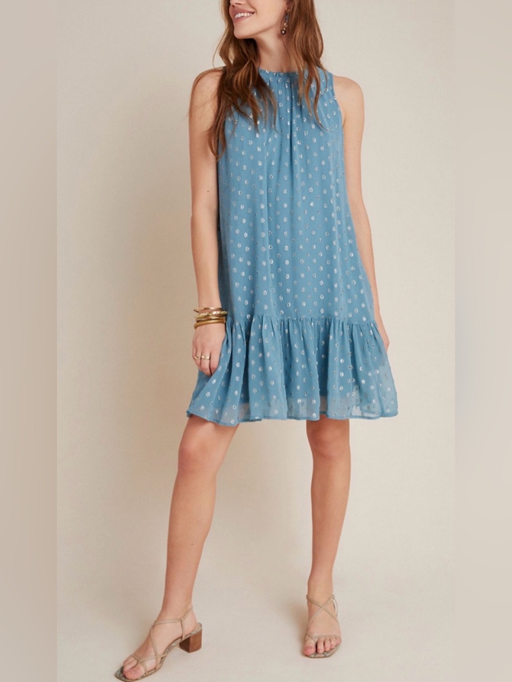 Anthropologie Natalie Flounced Shift Dress with metallic thread